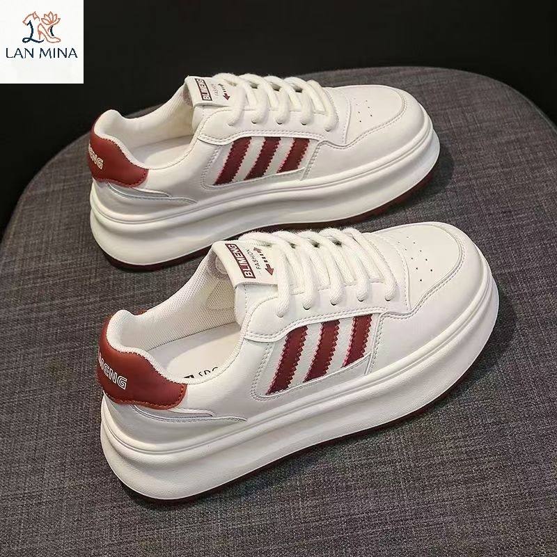 [Nam Best] Giày Sneaker Nữ Trắng Kẻ 3 Vạch Đế Dày Bánh Mì Độn Đế 5cm Hack Dáng - Giày Thể Thao Nữ Phối Sọc