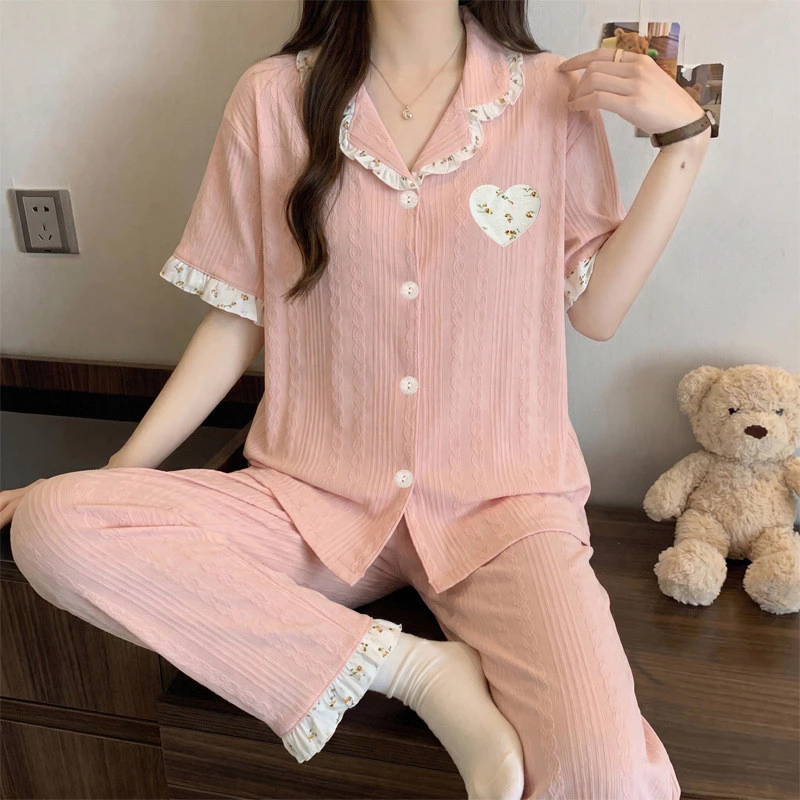 Love Floral Ren Quần Ngắn Tay Bộ Đồ Ngủ Nữ Đơn Giản Cao Cấp Có Thể Mặc Bên Ngoài Homewear Nữ Pyja
