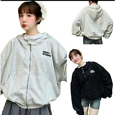 Áo Khoác Hoodie BOXY Zip, Có Nút Bấm, Hình In Dập Nổi Có Túi Trong Thời Trang Thu Đông 2024 Carnation