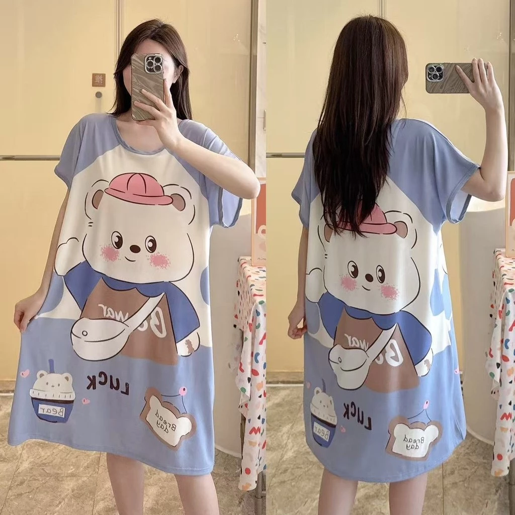Đầm ngủ dài mùa hè cho nữ - Họa tiết hoạt hình dễ thương - Dáng rộng thoải mái - Chất liệu khô nhanh, thoáng khí, chống ẩm - Đồ mặc nhà mát mẻ