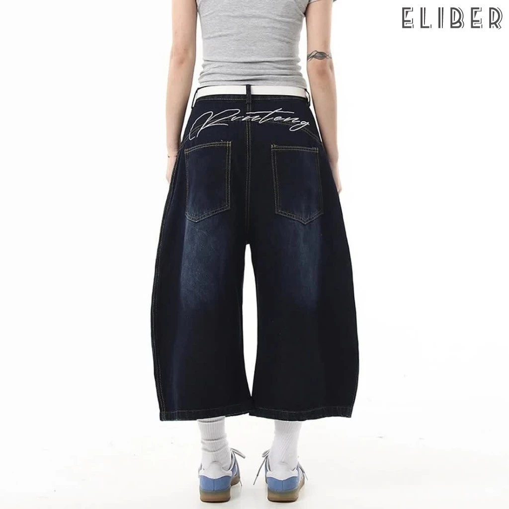 ELIBER- SẴN HÀNG - Quần Jeans Nữ 7 Phần Ống Rộng - Kiểu Retro Mỹ - Dáng Lưỡi Liềm Thoáng Mát