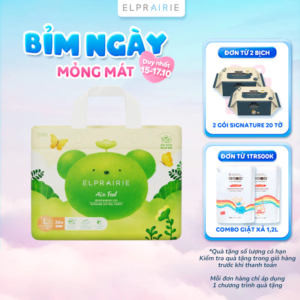 Tã/Bỉm Quần ELPRAIRIE Air Feel Nội Địa Hàn Siêu Mềm Cho Da Nhạy Cảm, Thấm Hút Nhanh - Đủ Size M38/L34/XL30/XXL26 Cho Bé