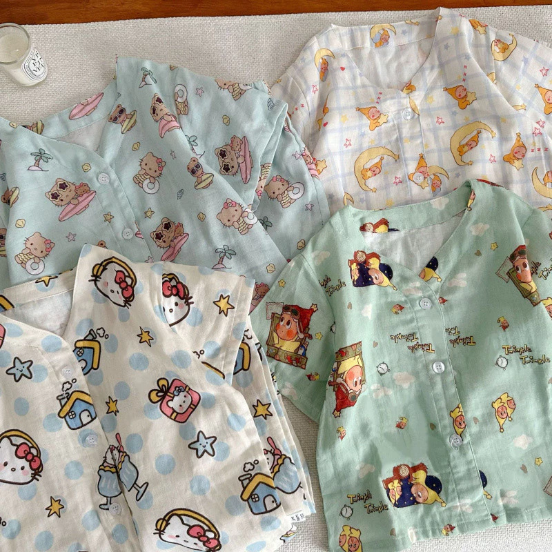 Trẻ em Bộ Đồ Ngủ Cotton Nguyên Chất Mùa Hè Bé Trai Bé Gái Hoạt Hình Dễ Thương Tay Ngắn Homewear