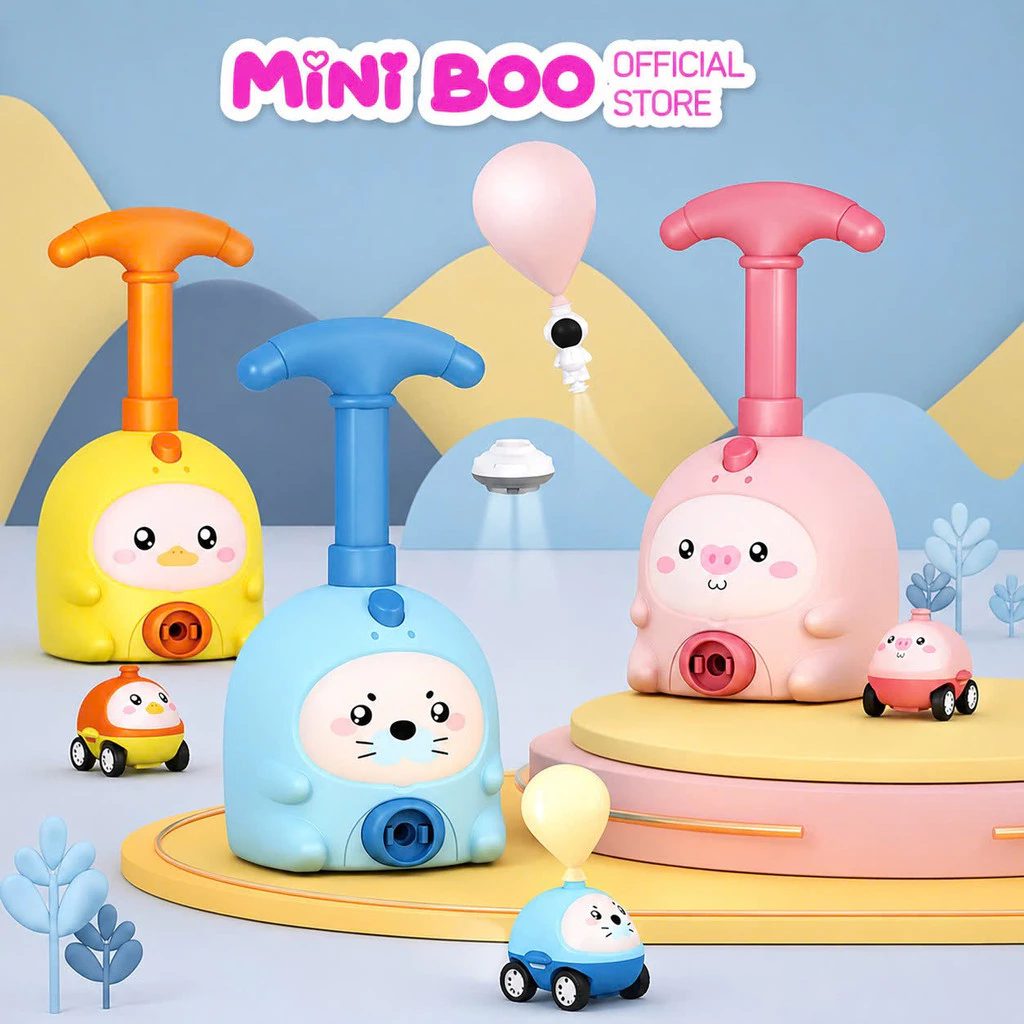 Đồ chơi xe đua bơm bóng bay trợ lực , đua xe kèm phi hành gia nhảy dù MINI BOO cho bé