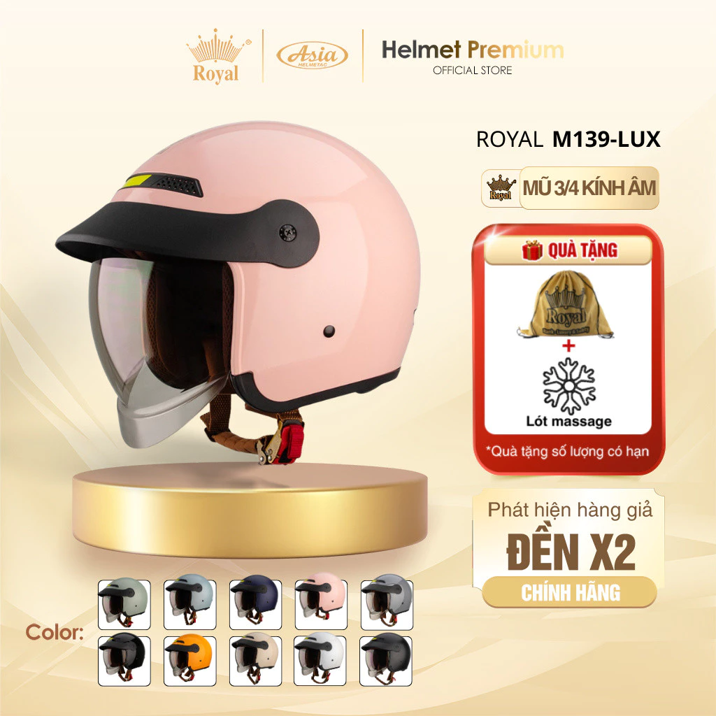 Mũ Bảo Hiểm 3/4 Royal M139 Lux Lưỡi Trai, Nón Bảo Hiểm Kính Âm Màu Trà Chống Nắng Bảo Hành 1 Năm