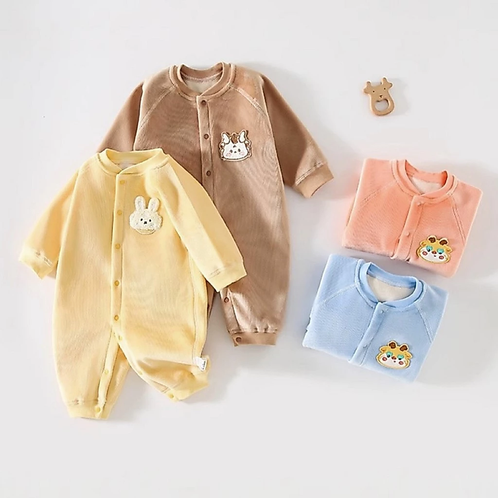 Body nhung lót nỉ dày ấm cho bé trai bé gái mặc thu đông Bodysuit liền thân dài tay giữ ấm trẻ sơ sinh SLN12