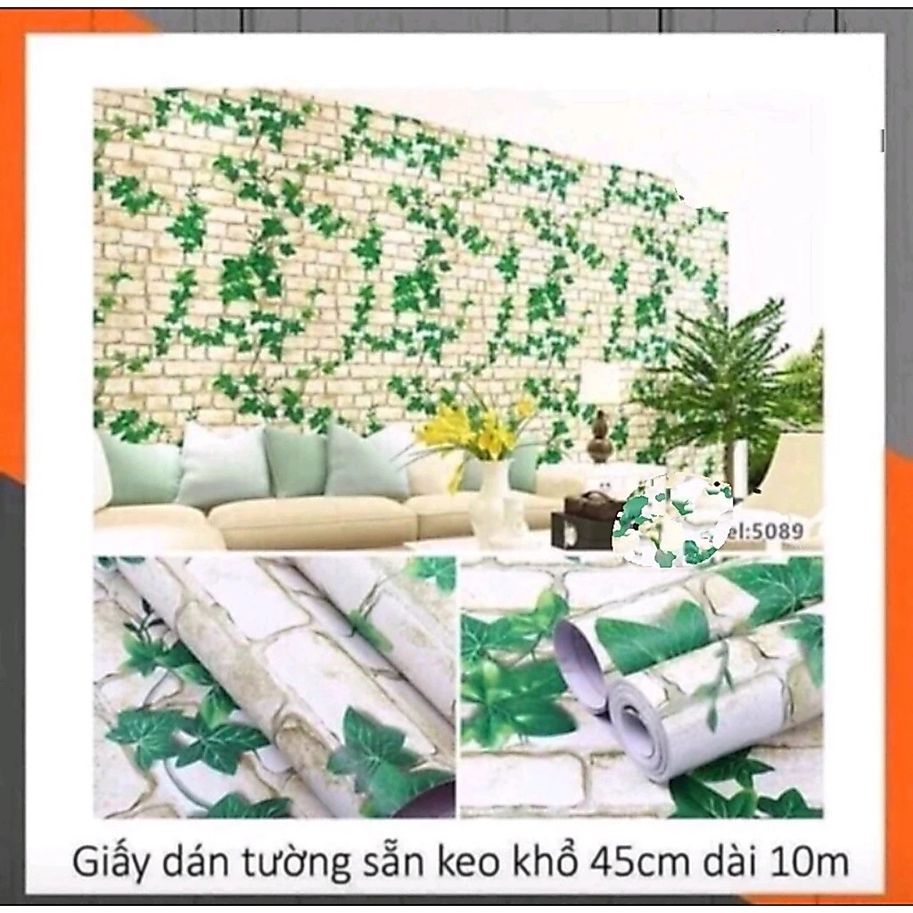 10m Giấy dán tường Gạch trắng dây leo có sẵn keo khổ 45cm