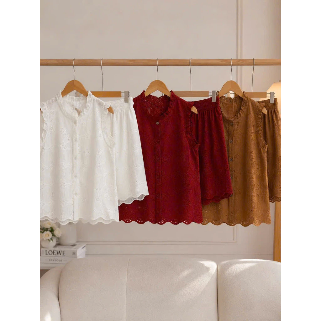 (May kỹ ) Set Bộ Nữ Xô Nàng Thơ – Áo Sát Nách Thêu Hoa Kèm Quần Phù Hợp Thời Trang HIYU 66 STORE