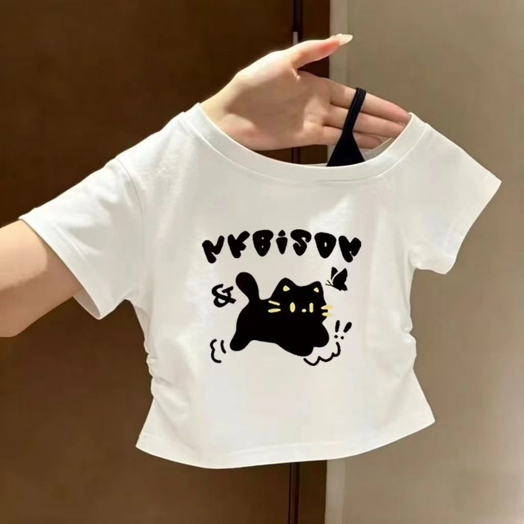 Áo thun bé gái in hình mèo dễ thương mùa hè - áo croptop lệch vai ôm dáng tôn eo thời trang