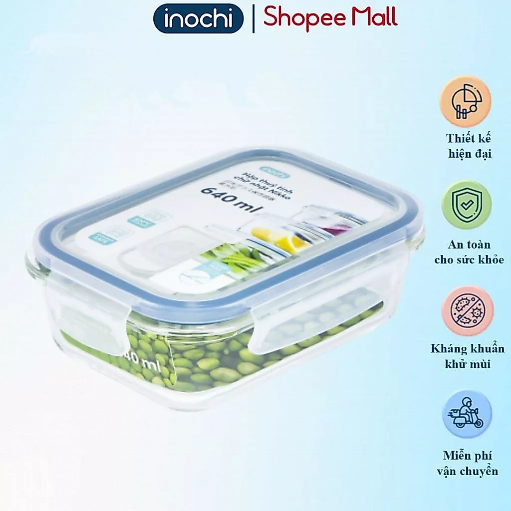 Hộp thuỷ tinh chữ nhật Inochi Nikko 640 ml sử dụng được lò vi sóng, nắp đậy thông minh thoát nhiệt