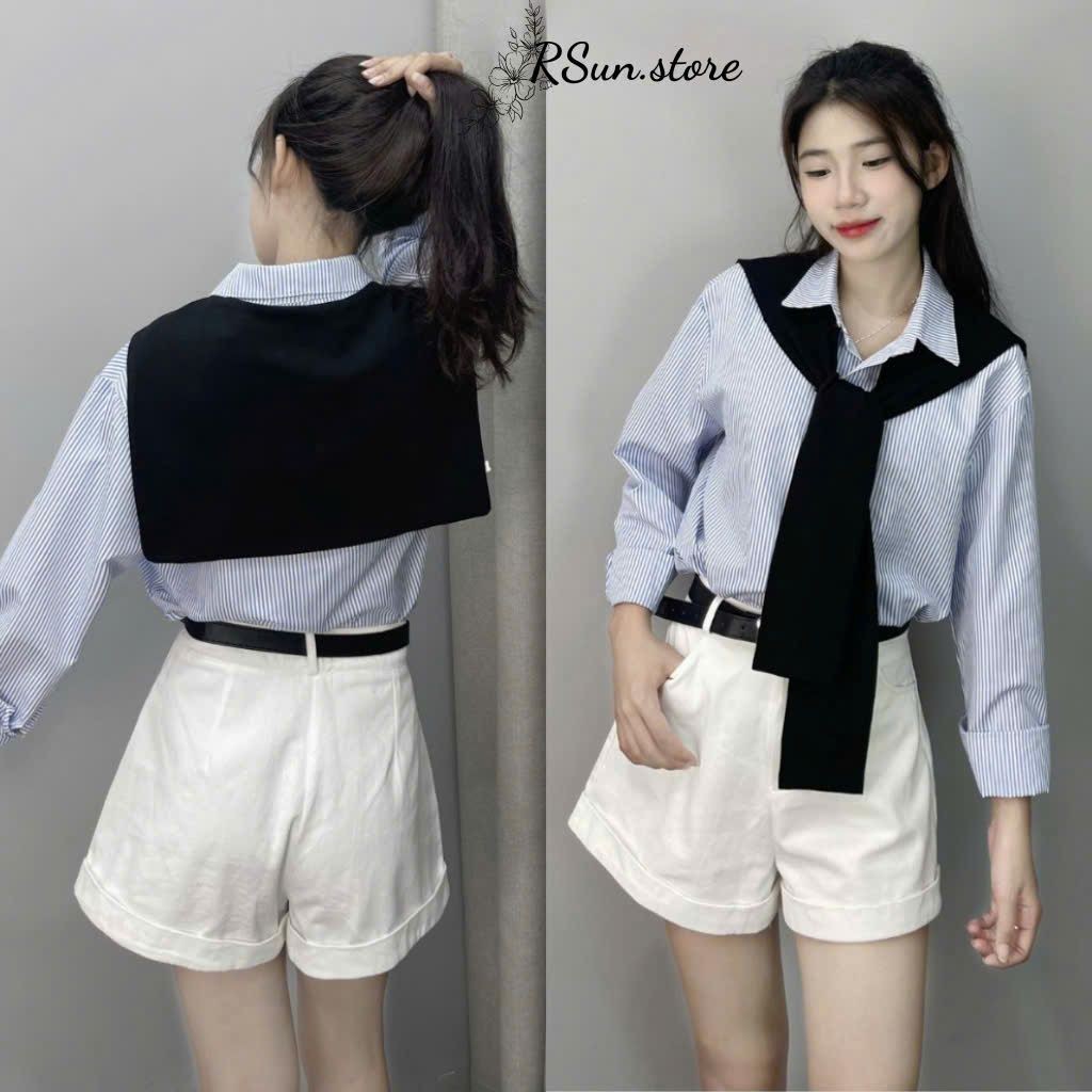 Áo sơ mi dài tay chất đũi xốp kèm khăn siêu xinh
