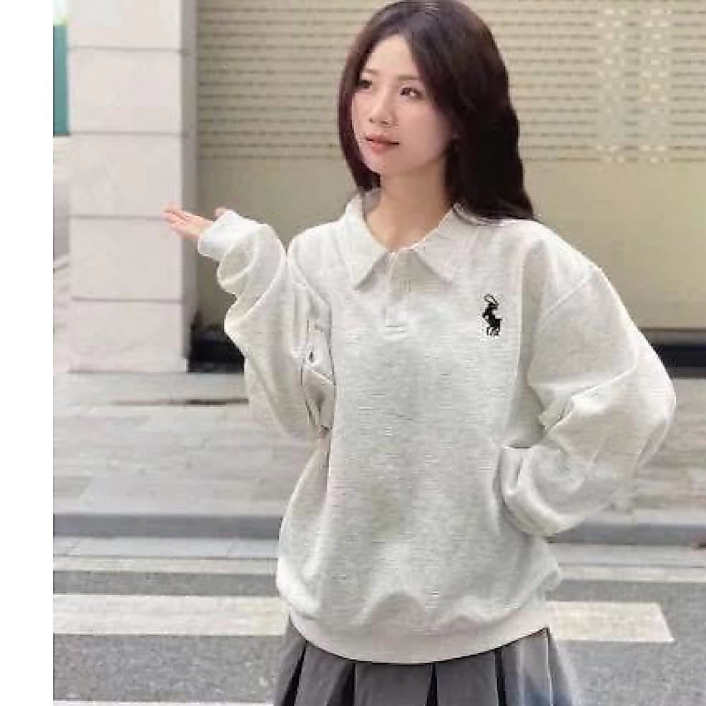 Áo nỉ polo nam nữ có khuy cổ dài tay form rộng POLO NGỰA phong cách Hàn Quốc