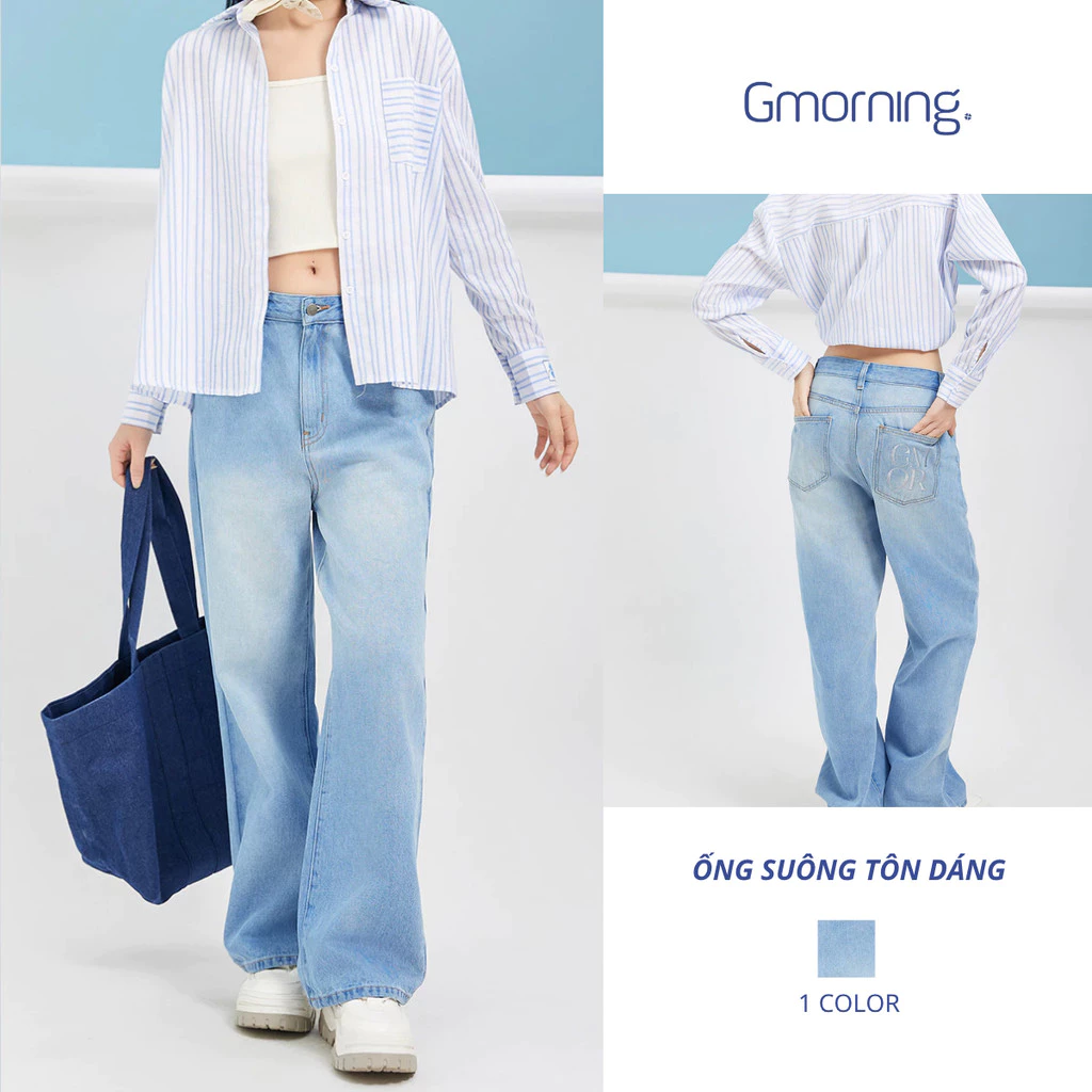 Quần jeans suông nữ denim thêu Gmor xanh nhạt tôn dáng trendy Gmorning - YQJE10080