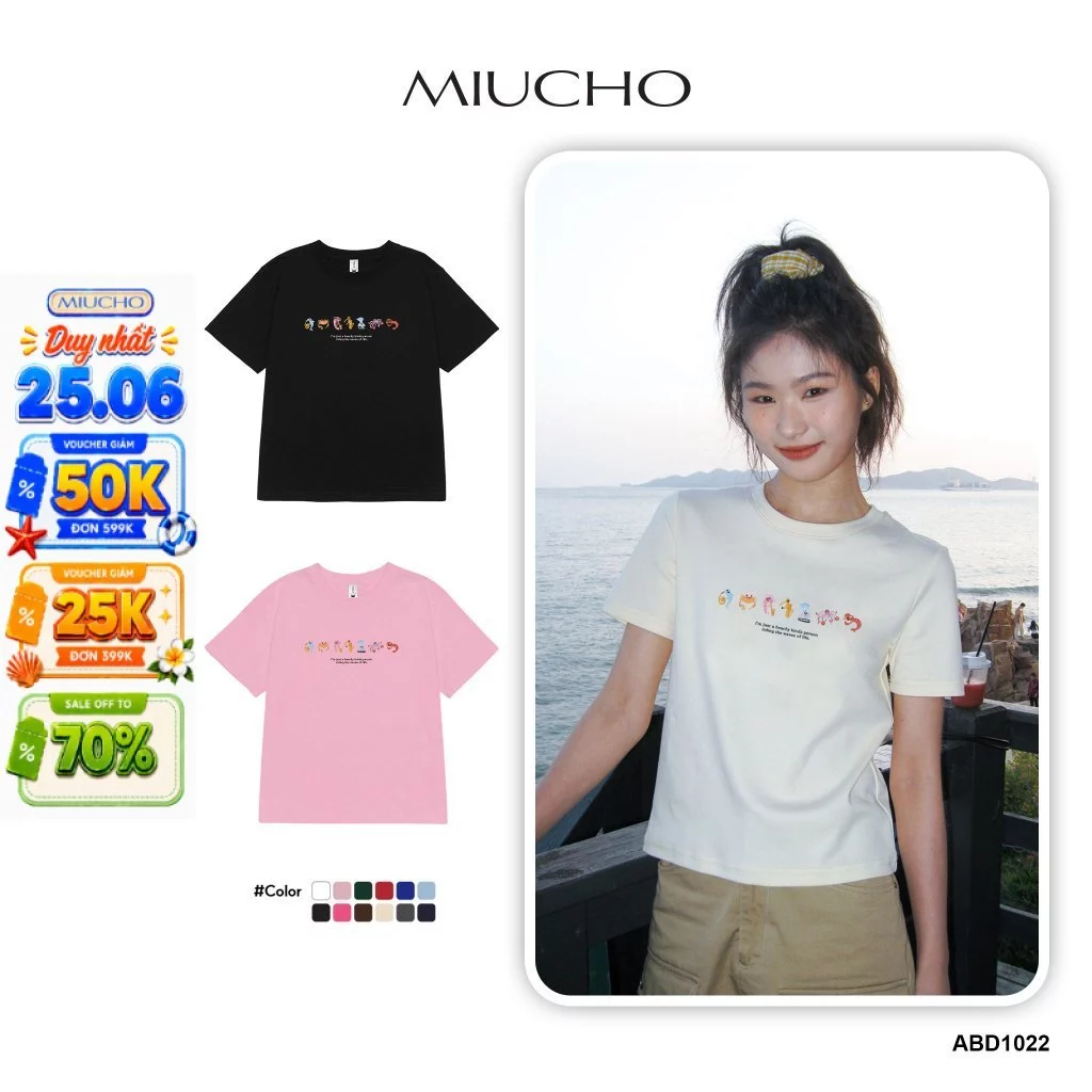 Áo thun baby tee form ôm mùa hè năng động ABD1022 Miucho tay ngắn Cổ tròn hotrend in mix