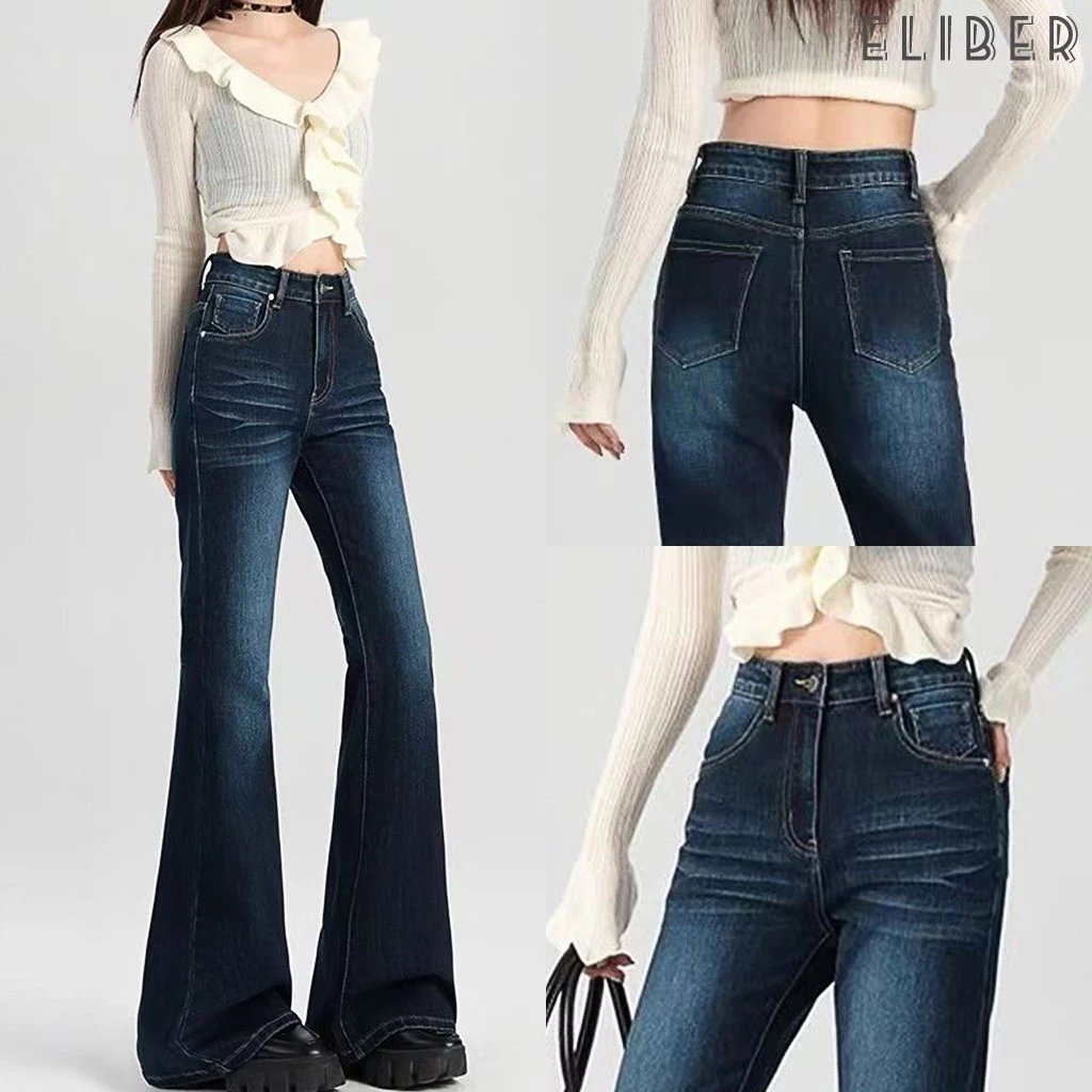 ELIBER- SẴN HÀNG - Quần Jeans Nữ Ống Loe - Dáng Móng Ngựa Dài Phủ Gót - Rửa Tạc Retro Độc Quyền Tôn Dáng