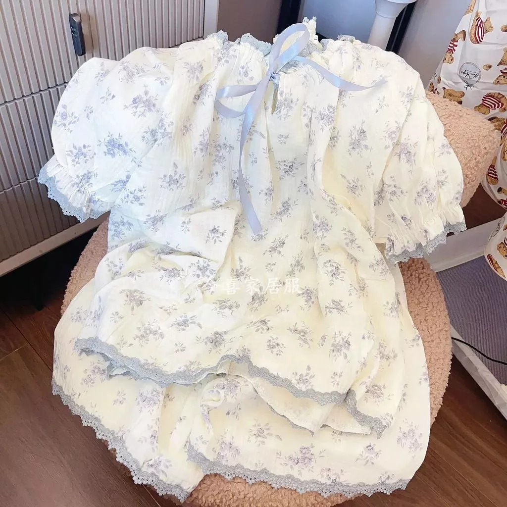 [-Order]-Bộ Đồ Ngủ Nữ Họa Tiết Hoa Ngọt Ngào, Phong Cách Mùa Hè Mới, Viền Ren, Kiểu Nhật, Quần Đùi  chuẩn hàng qc