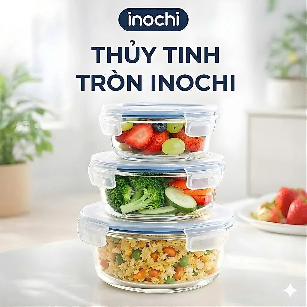 Hộp thuỷ tinh tròn Inochi - Nikko - Đựng thực phẩm, đồ ăn, thức ăn trong ngăn đá, tủ lạnh