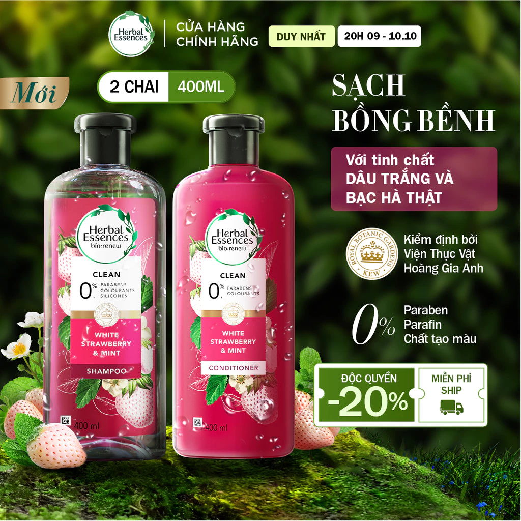 Combo Dầu Gội, Dầu Xả Herbal Essences Tinh Chất Thực Vật Thật Dâu Trắng & Bạc Hà Sạch Sâu 400Ml