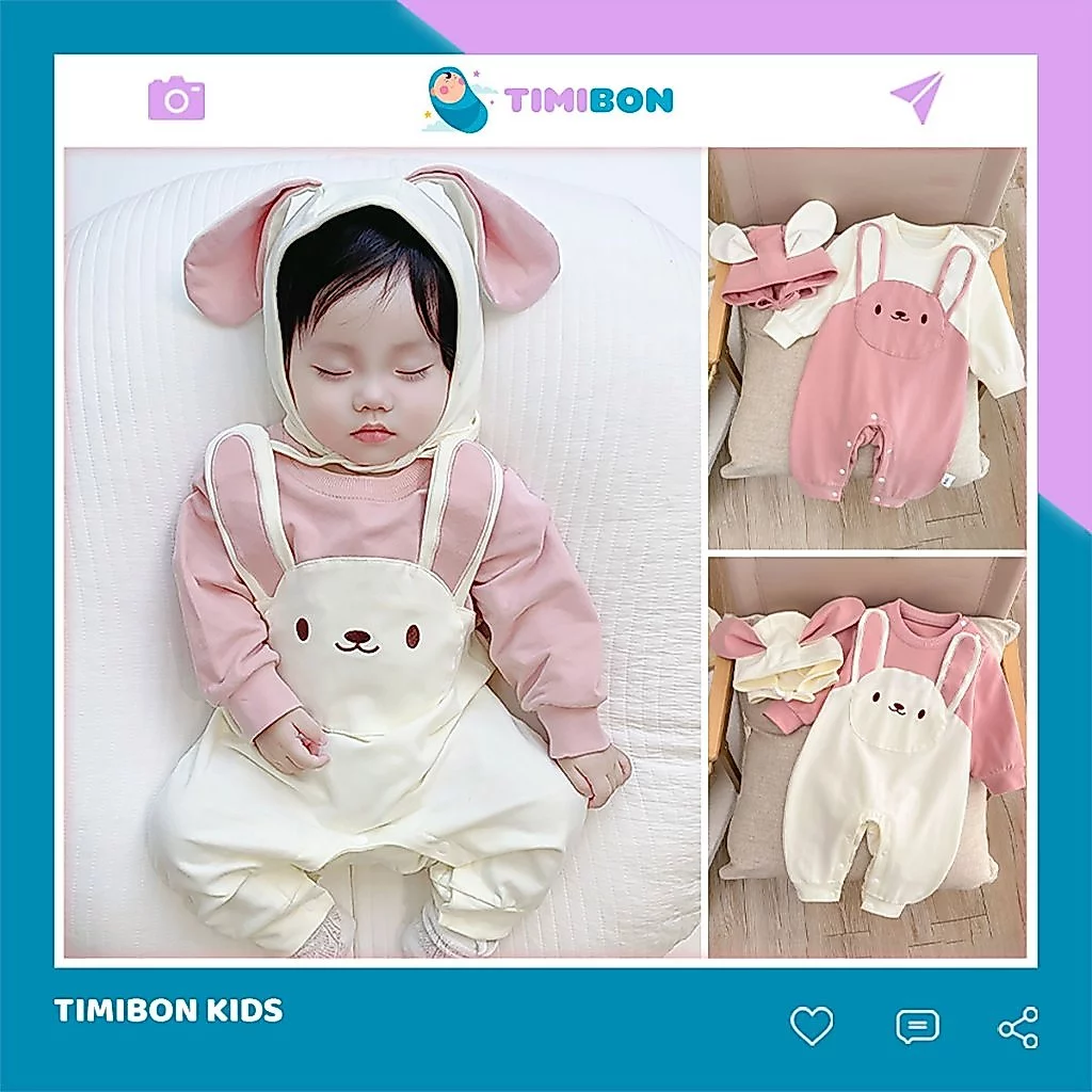[ Tặng Kèm Mũ ] Bodysuit Dài Tay Cho Bé Gái, Body Dài Cotton Hình Thỏ Mẫu Quần Áo Trẻ Em Liền Thân - [BDD65]