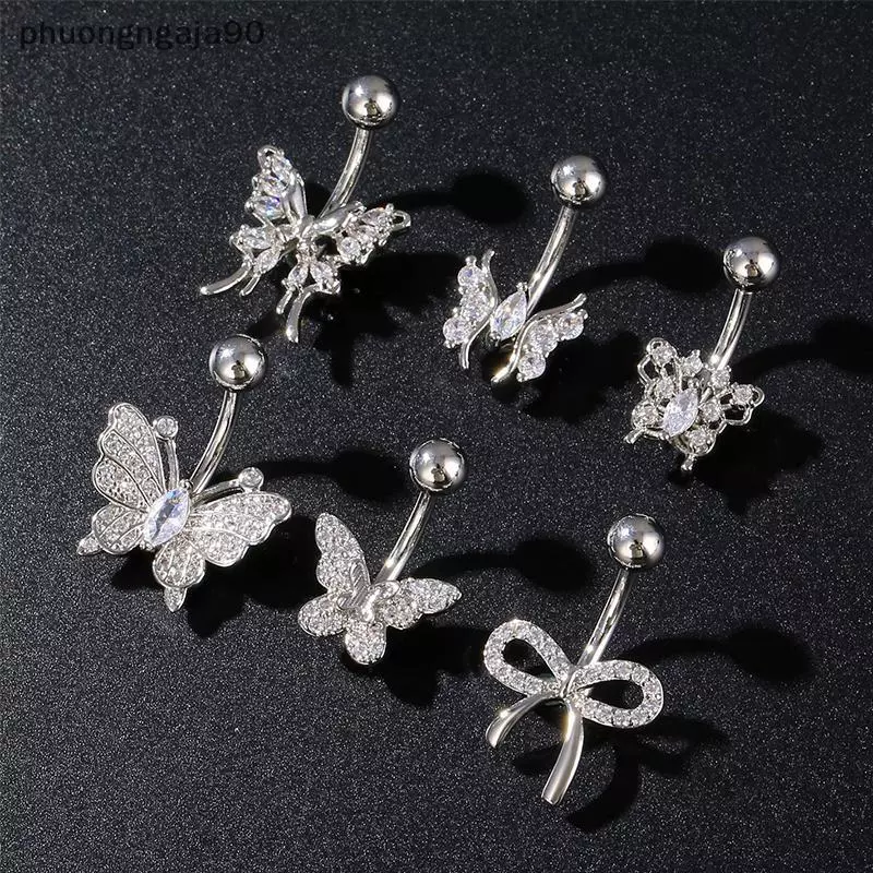 Thép Không Gỉ Bướm Bow Zircon Navel Bụng Vòng Nút Cho Phụ Nữ Cô Gái