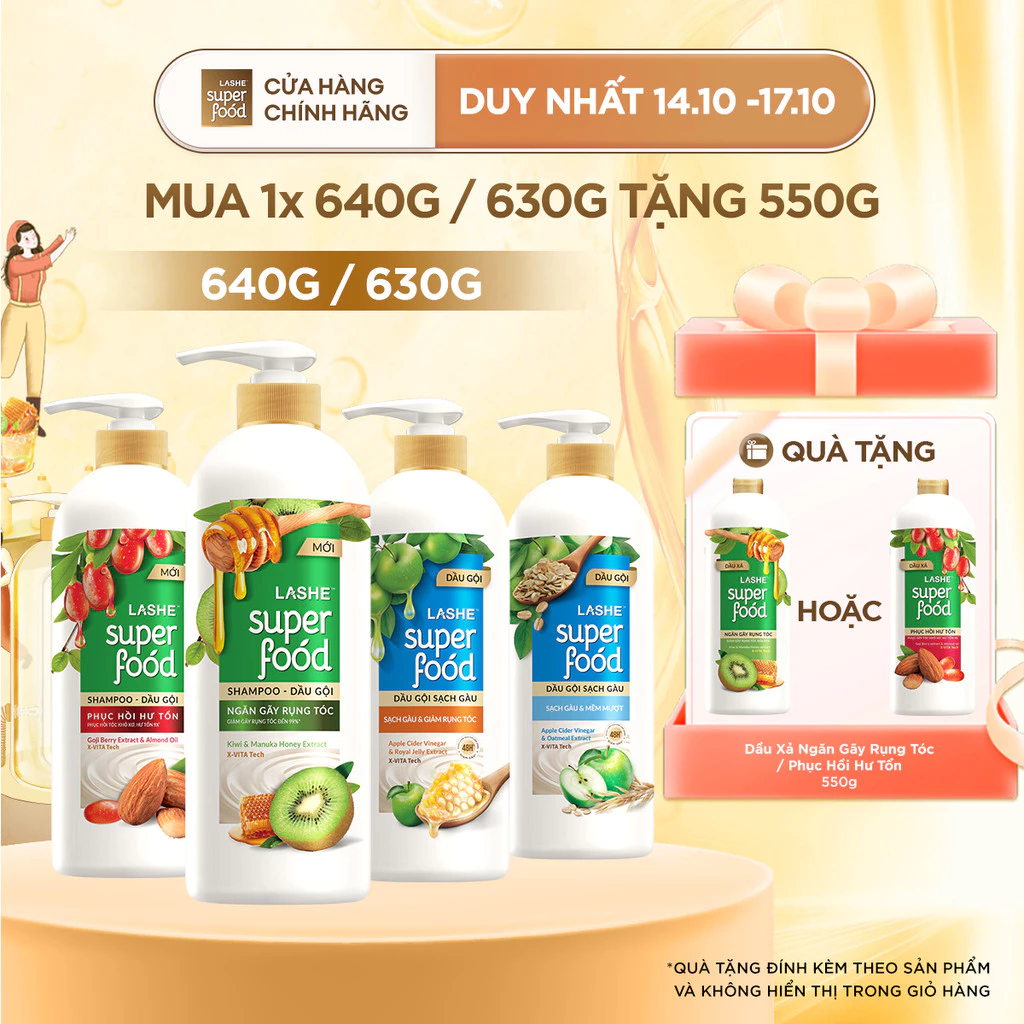 Dầu Gội LASHE SUPERFOOD Ngăn Rụng Tóc/Phục Hồi Hư Tổn/Sạch Gàu Giảm Rụng/Sạch Gàu Mềm Mượt 630G/640G + Tặng Dầu Xả 550G