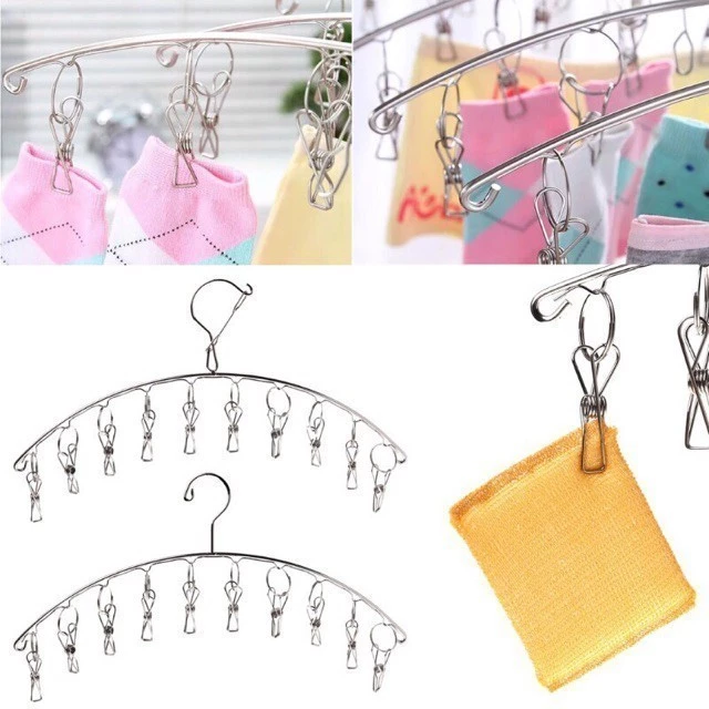 Combo 2 Móc Phơi Quần Áo Có 10 Kẹp Bằng Thép Không Gỉ Chất Lượng, Móc Phơi Tất, Móc Phơi Đồ Lót, Móc Treo Vớ