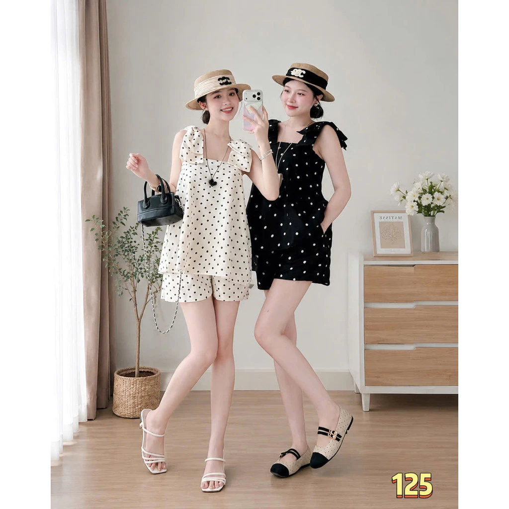 Set Bộ Nữ Ngắn Phối BI NƠ Vai Họa Tiết Chấm Bi Ngắn Cực Xinh Chất vài Mát Nhẹ THỜI TRANG MỚI HIYU 66 STORE