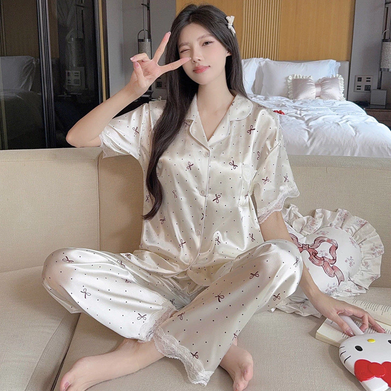 Full In Nơ Quần Ngắn Tay Bộ Đồ Ngủ Nữ Ren Có Thể Mặc Bên Ngoài Loungewear Bộ Đồ Ngủ Nữ