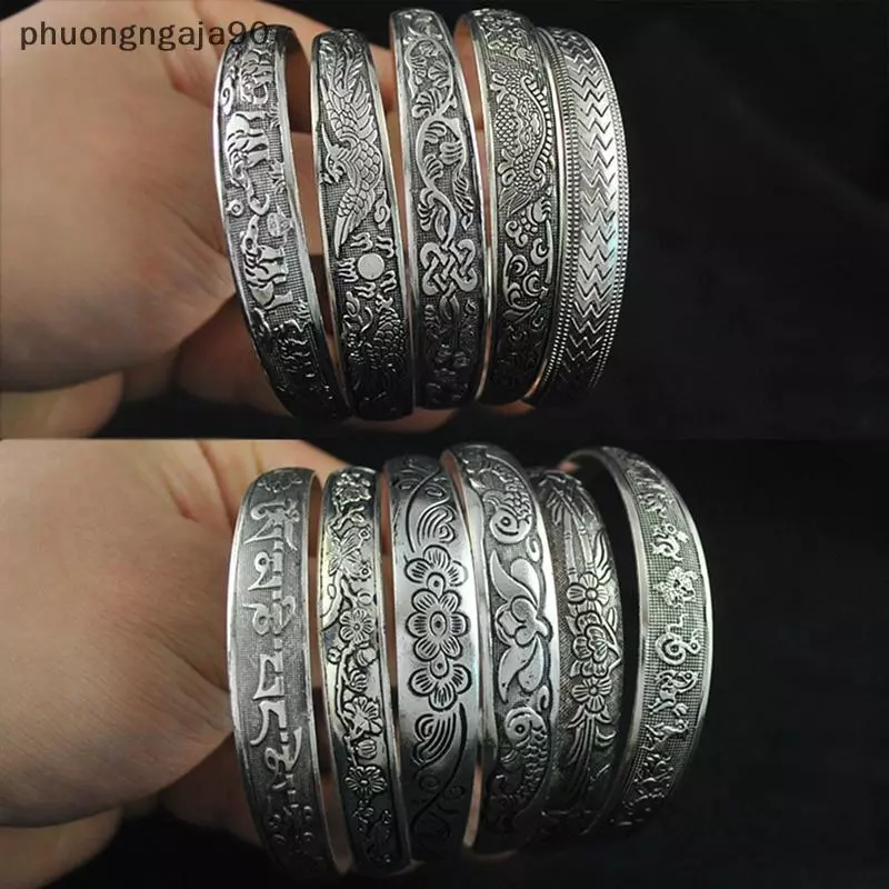 Retro mở vòng đeo tay đồ trang sức cổ điển Bạc Totem khắc Bangle Cuff
