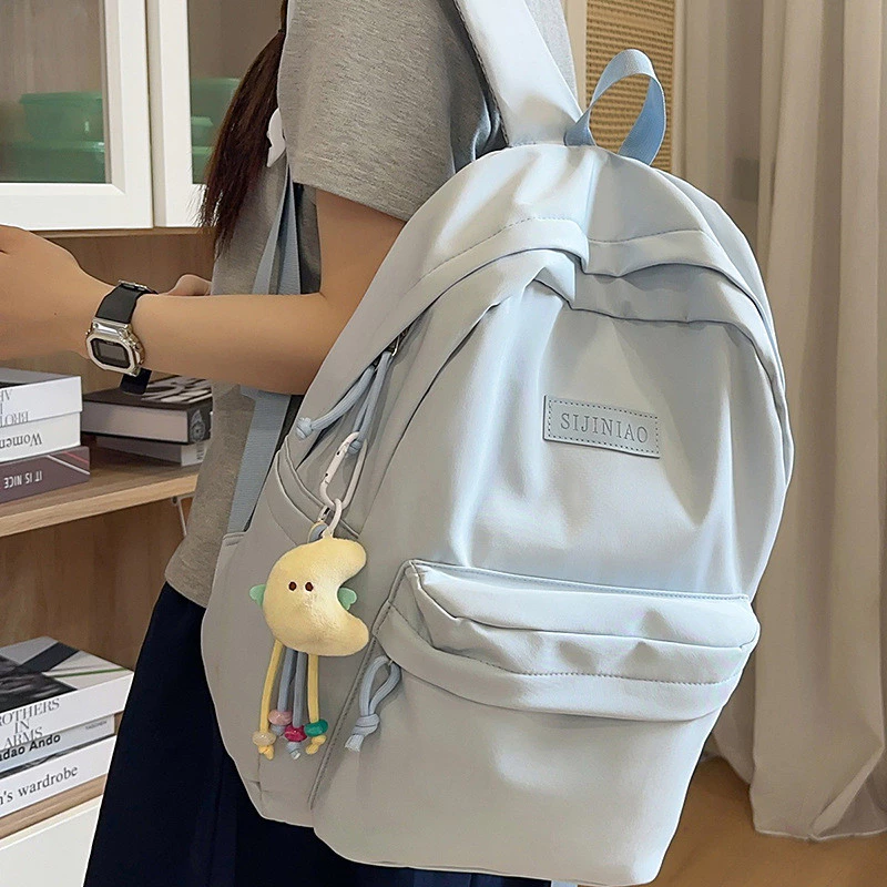 Ba lô phong cách Preppy dành cho nữ + Mặt dây chuyền hoạt hình Màu trơn Túi đi học phù hợp đơn giản