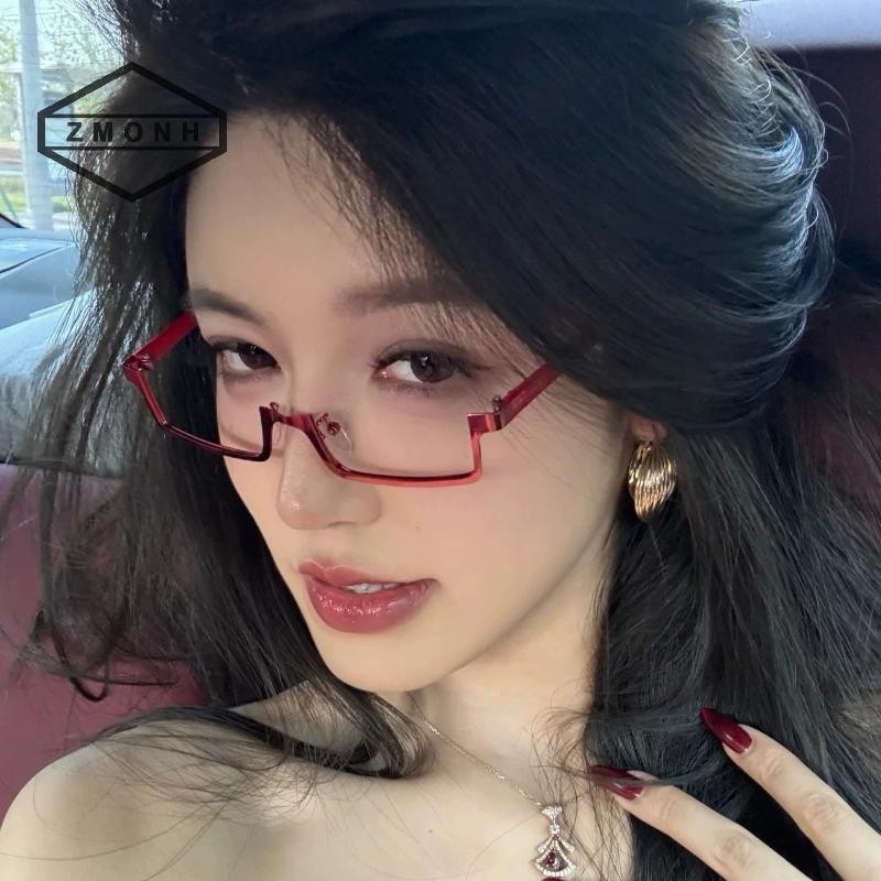ZMONH Y2K Anime Nhật Bản Kính Khung Vuông Nhỏ Cosplay Đỏ Nửa Mặt Ống Kính Thời Trang Kim Loại Hình Chữ Nhật Kính Mắt * Mới