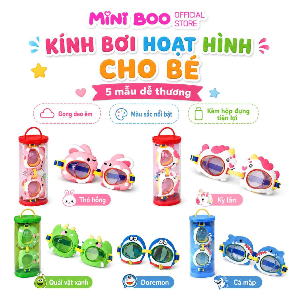 Kính Bơi Cho Bé Trai Bé Gái – 5 Mẫu Hoạt Hình Đáng Yêu, Kèm Hộp Đựng MINIBOO