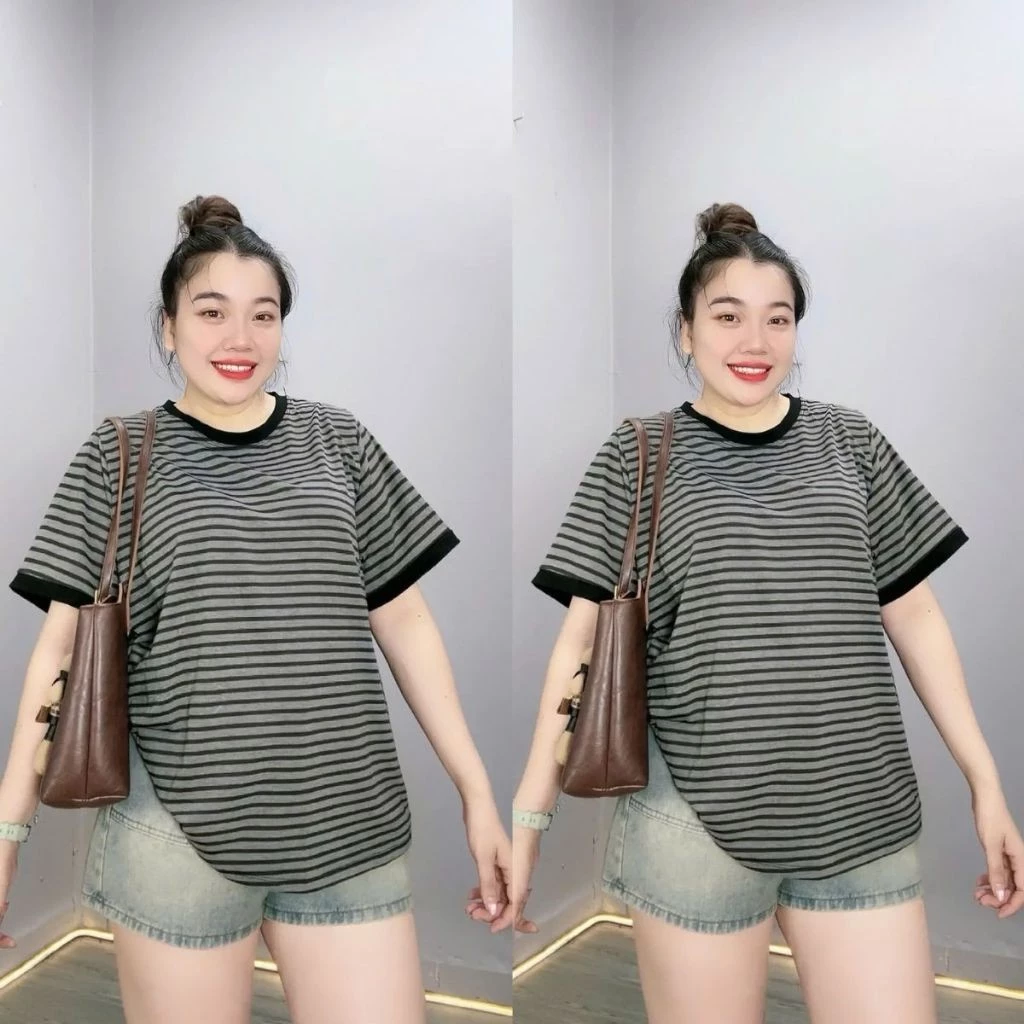 Áo Thun Bigsize Nữ Oversize Kẻ Sọc Phối Viền Màu – Thoáng Mát, Size 50–92kg – Mã A294