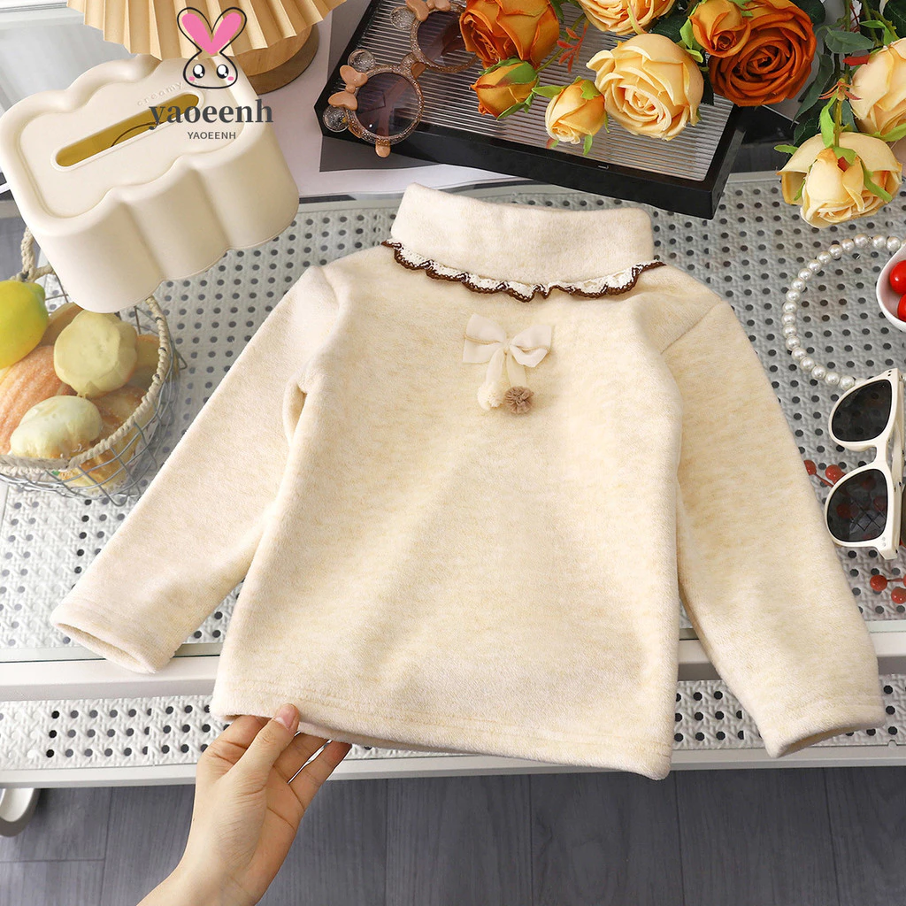 【YAOEENH】80-150CM Nhỏ Vừa Nhỏ Trẻ Em Đứng Cổ Ấm Đáy Áo Sơ Mi Thu Đông Bé Gái Lông Cừu Lót Nửa Cao Col