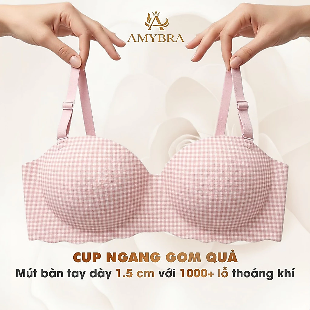 [ MẪU MỚI ] Áo Ngực Nữ Đúc Su Kẻ Caro Mềm Mại, Áo Lót Nữ Cúp Ngang Không Gọng AMYBRA A923