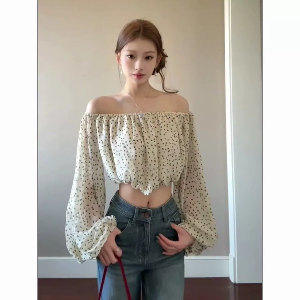 Áo Sơ Mi Nữ Dài Tay Chấm Bi Thời Trang Mùa Hè Mới Áo Ngắn Một Vai Gợi Cảm Top