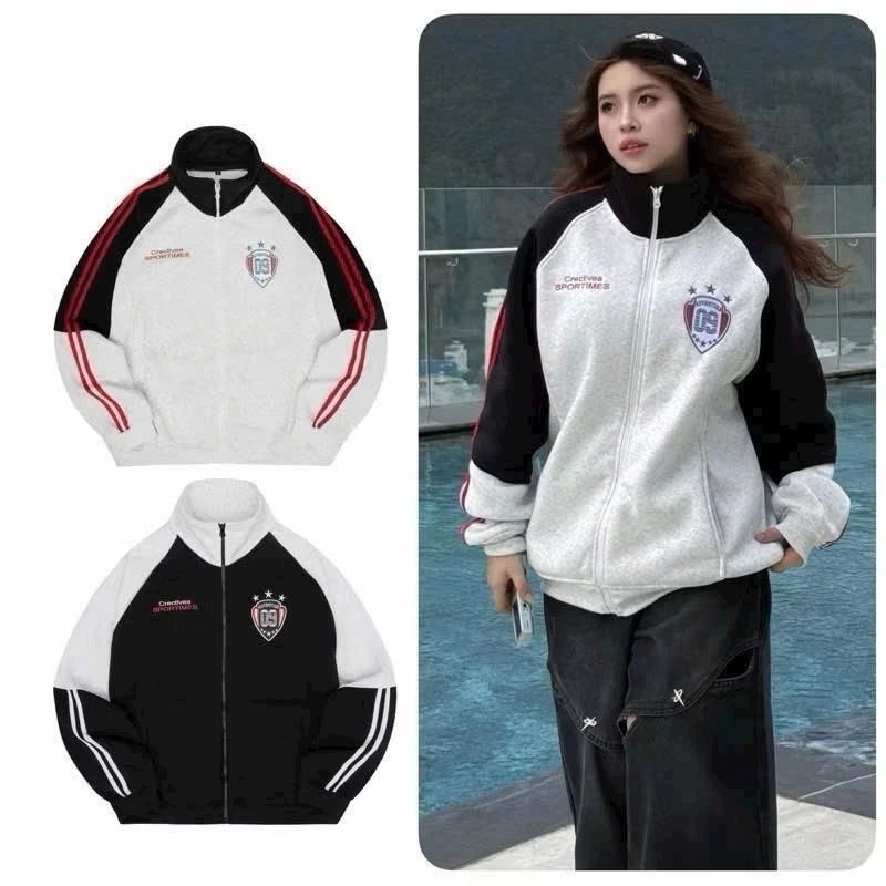 Áo Khoác Gió Unisex Phối Màu Thể Thao Form Rộng Logo Thêu 09 Tay Áo Viền Sọc Dành Cho Nam Và Nữ