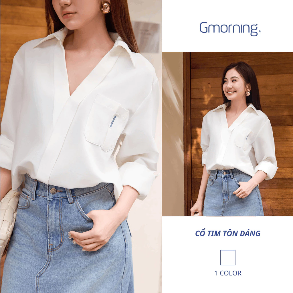 Áo sơ mi nữ tay dài form suông cổ tim xẻ V có túi phía trước Gmorning - YAF12091