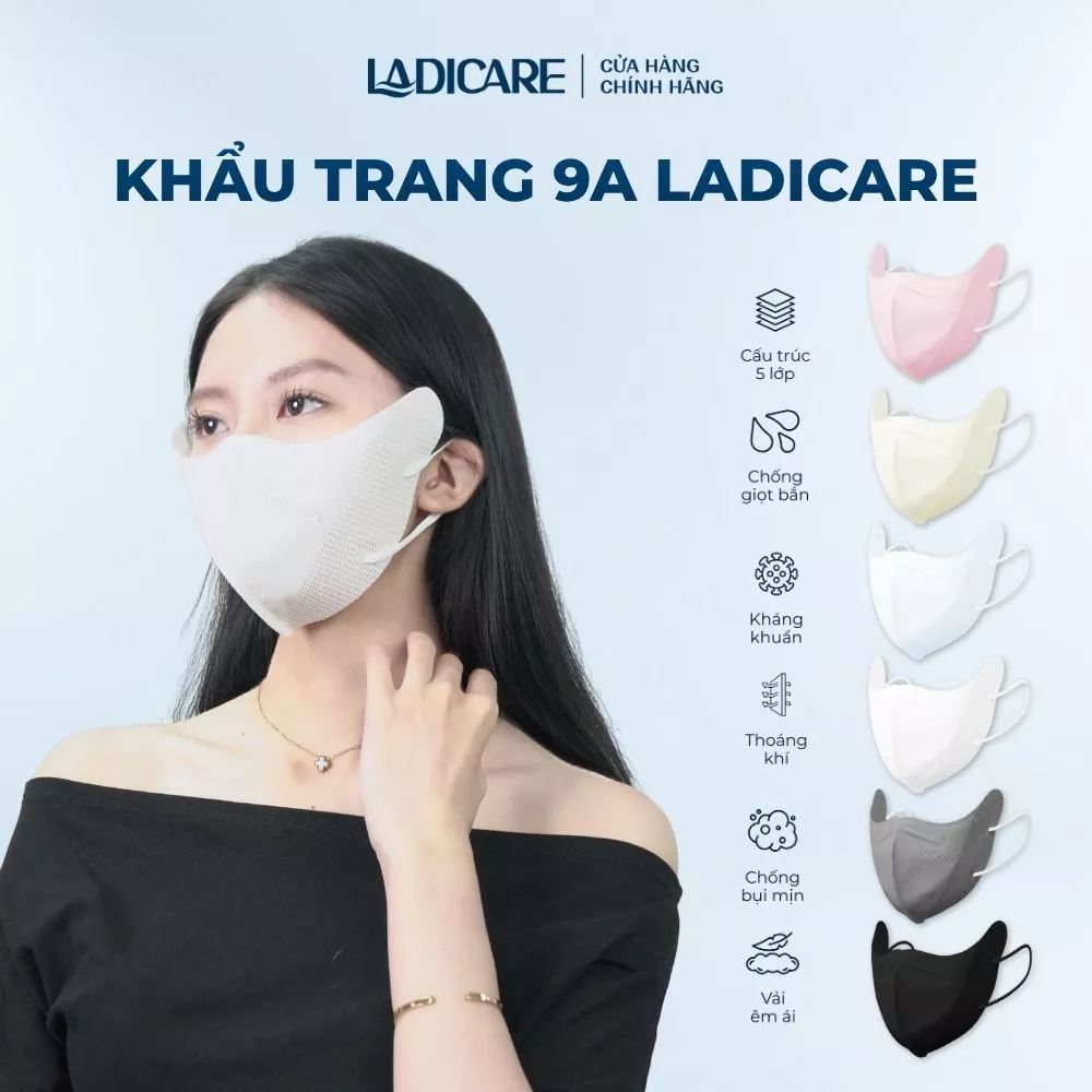 Khẩu trang 9A LADICARE Túi 10 Cái, 5 Lớp Dày Dặn, Chống Nắng, Tia Uv, Form Rộng Dễ Thở, Quai Đeo Mềm Mại