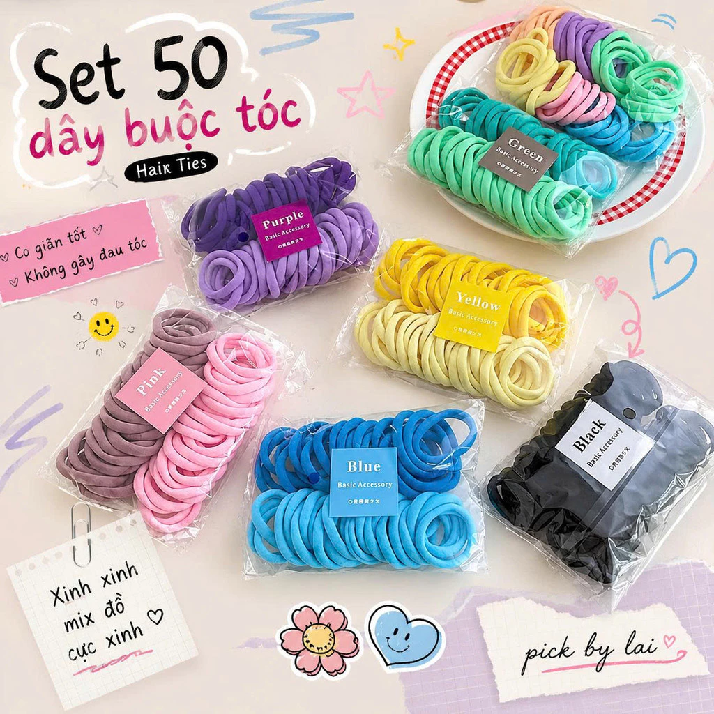 Set 50 Dây Buộc Tóc Thun Màu Pastel 4cm Co Giãn Tốt Không Đau Tóc Không Hằn Tóc