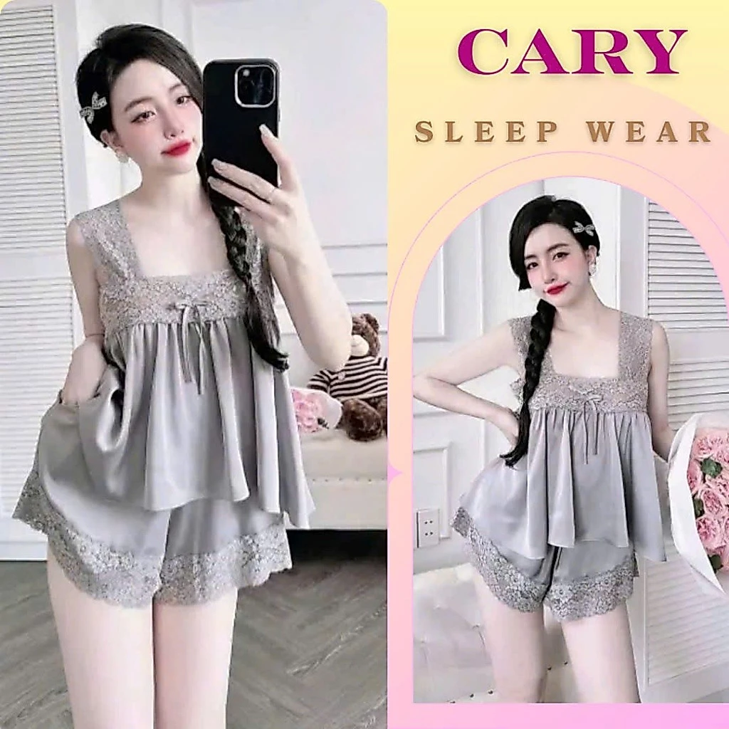 Set bộ ngủ lụa nữ áo 2 dây bản to và quần đùi phối ren sexy bộ ngủ nữ tiểu thư vải lụa mùa hè đi ngủ mát mẻ CARY