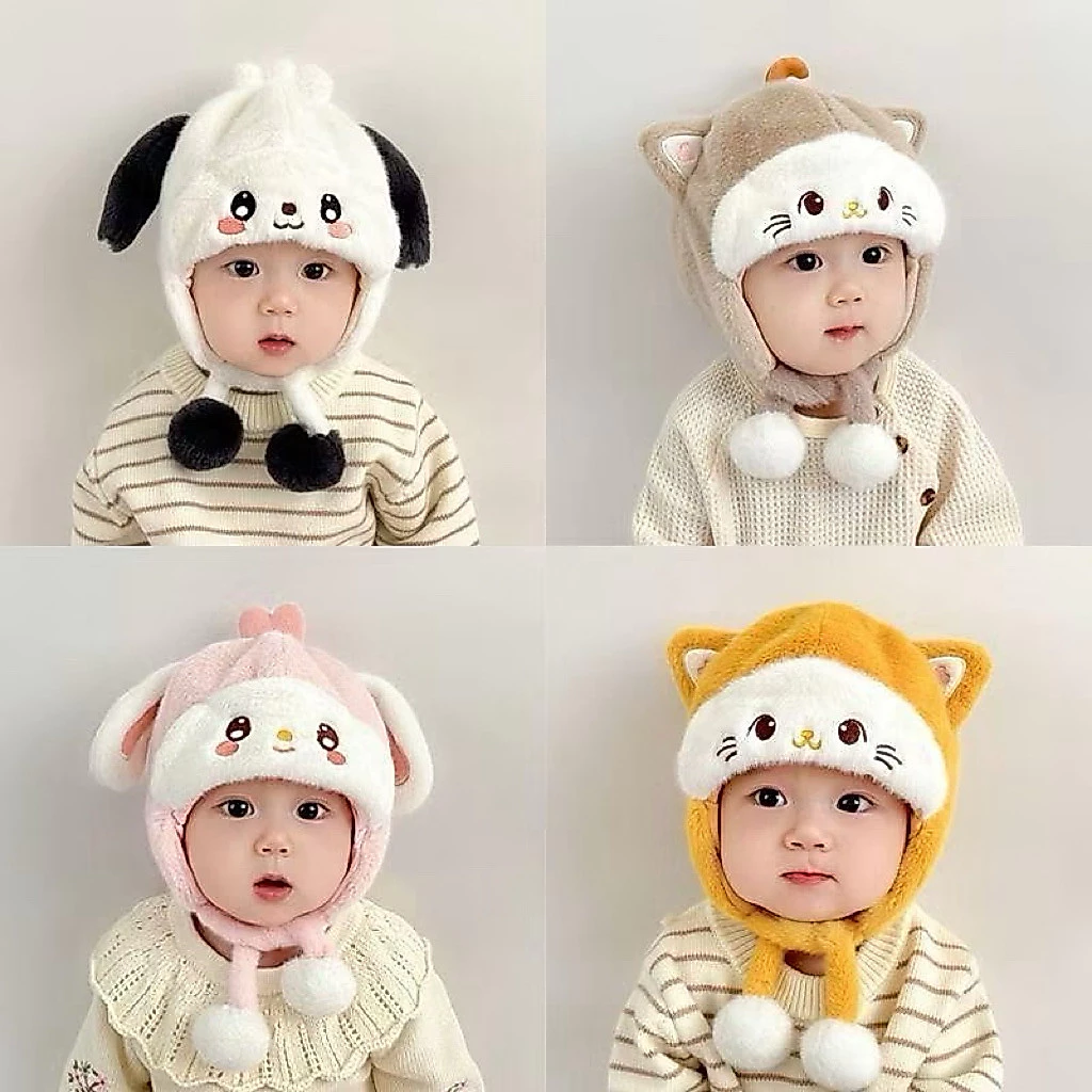 Mũ len tai mèo thỏ cho bé - Mũ có kèm dây buộc và bông pom