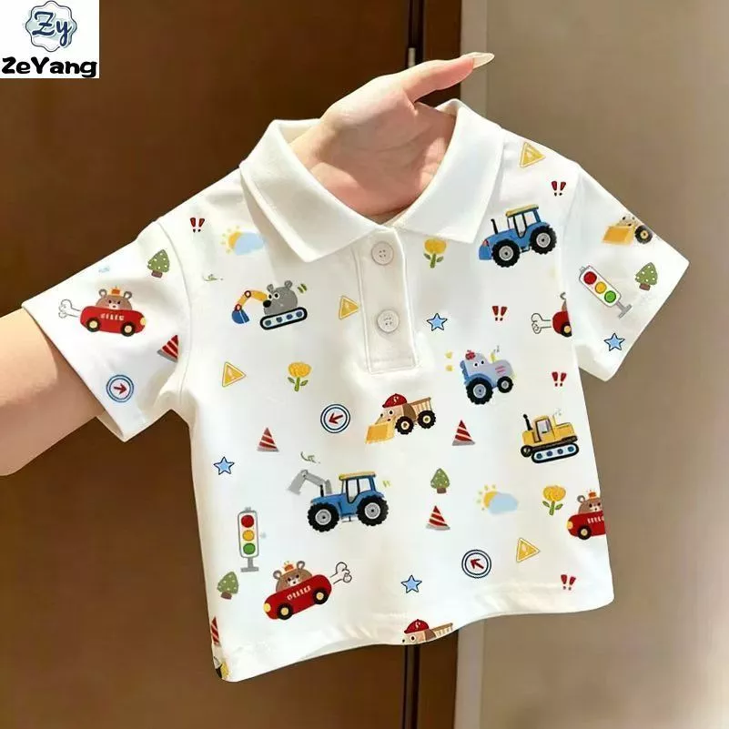 [ZY] 70-140 Hàng có sẵn Áo sơ mi POLO Cotton nguyên chất dành cho trẻ em Áo thun ngắn tay thông thường cho bé Áo sơ mi đáy in đầy đủ Ve áo tất cả các trận đấu Quần áo trẻ em thời trang Vận chuyển nhanh