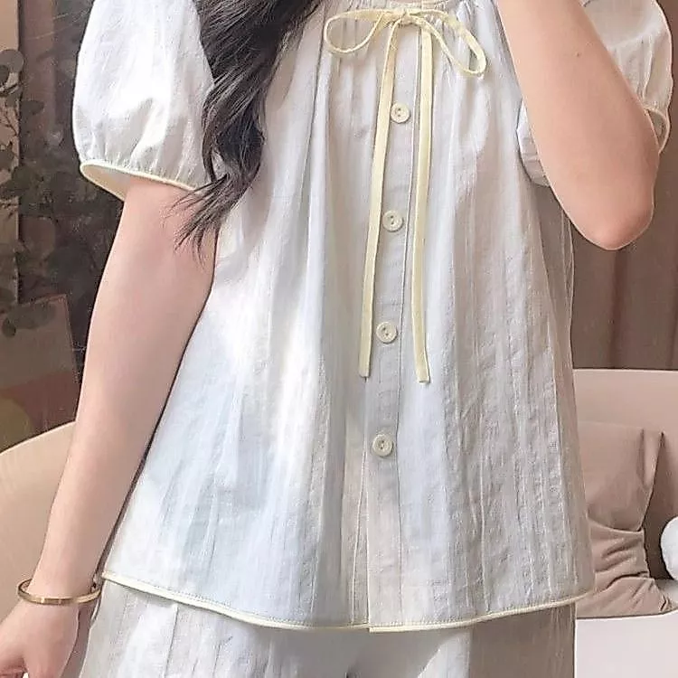 Bộ đồ ngủ mùa hè mới, sang trọng và tươi mới dành cho nữ, có đệm ngực, thiết kế nơ độc đáo, quần short tay ngắn - Order