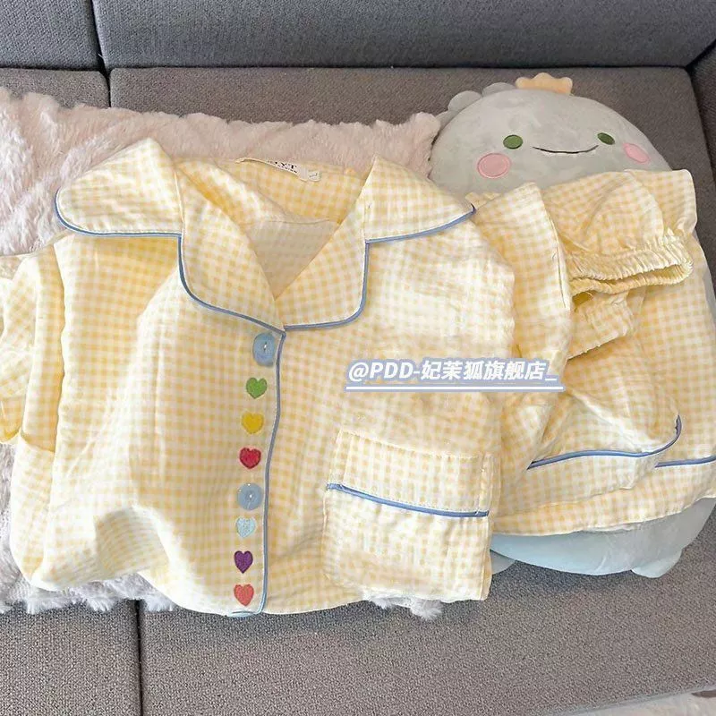 [-Order]-Bộ đồ ngủ nữ kẻ caro thêu hình trái tim ngọt ngào,phong cách Nhật Bản,mùa hè,tay ngắn, quần dài  chuẩn hàng qc