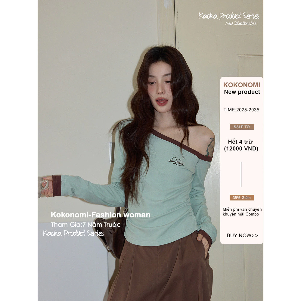 KOKONOMI Áo thun lệch vai màu xanh lá cây slim-fit phù hợp cho mùa thu