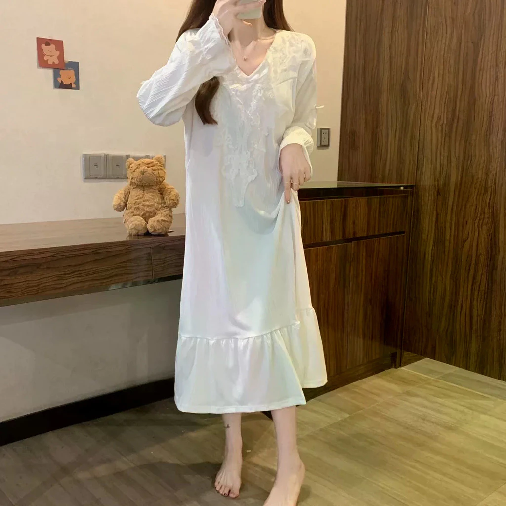 Bộ Đồ Ngủ Nữ Plus Size Phong Cách Công Chúa Pháp Với Chi Tiết Ren, Thích Hợp Xuân Thu, Cổ Rời Thoải Mại