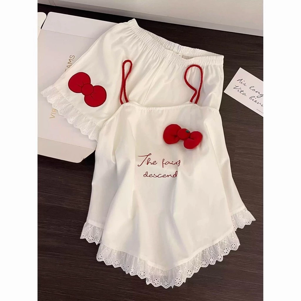 [Pre-Order]-Ngọt Ngào Ba Chiều Nơ Bộ Đồ Ngủ Sling Ren Áo Ôm Hơn Nhìn Homewear Phù Hợp Với Có Thể Mặc Bên NgoàiHàng chuẩn