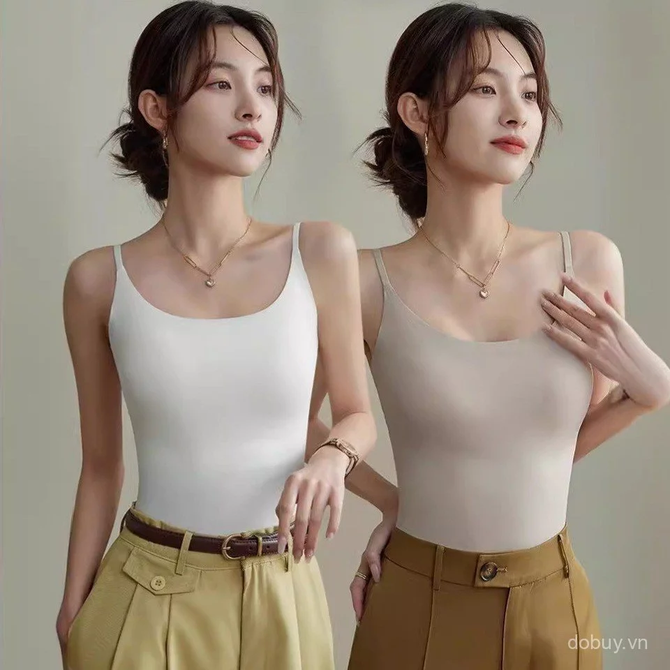 Ice Silk Liền Mạch Camisole Nữ Tích Hợp Áo Ngực Miếng Lót Dài Mỏng Làm Đẹp Lưng Tank Top