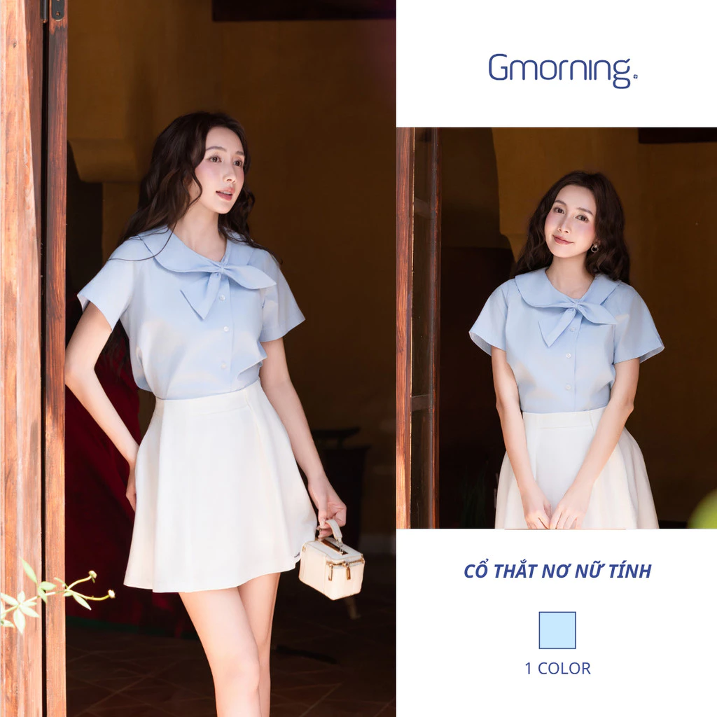 Áo Kiểu Nữ Gmorning YAG04080 Xanh Pastel Cổ Thắt Nơ, Tay Ngắn Form Lửng Dễ Phối